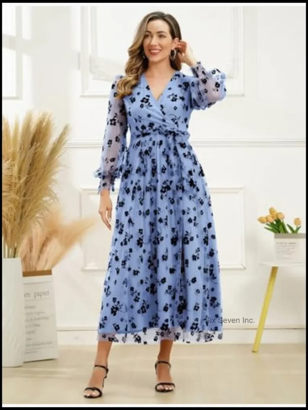 Floral Embroidered Tulle Maxi Dress with Puff Sleeves for Formal Occasions - Picture 2 of 6